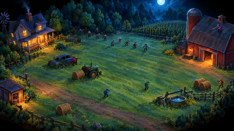 Concept art: a farm at night on a tabletop diorama, survivors with rifles by a car, a tractor and a red barn while zombies cross the field towards them